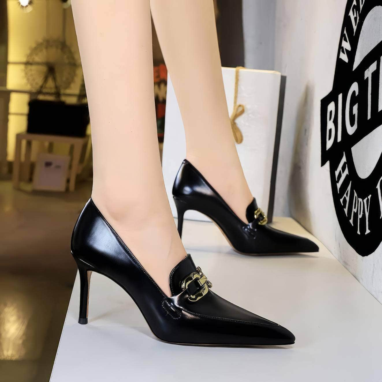 Vintage Metal Buckle Pointy Toe Heels