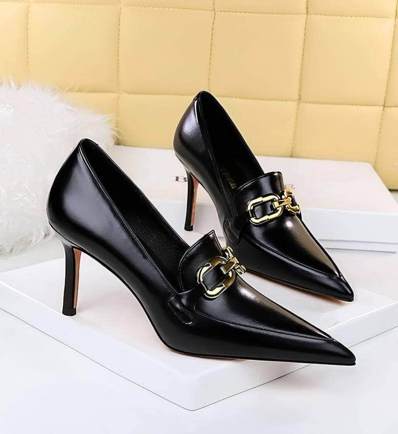 Vintage Metal Buckle Pointy Toe Heels