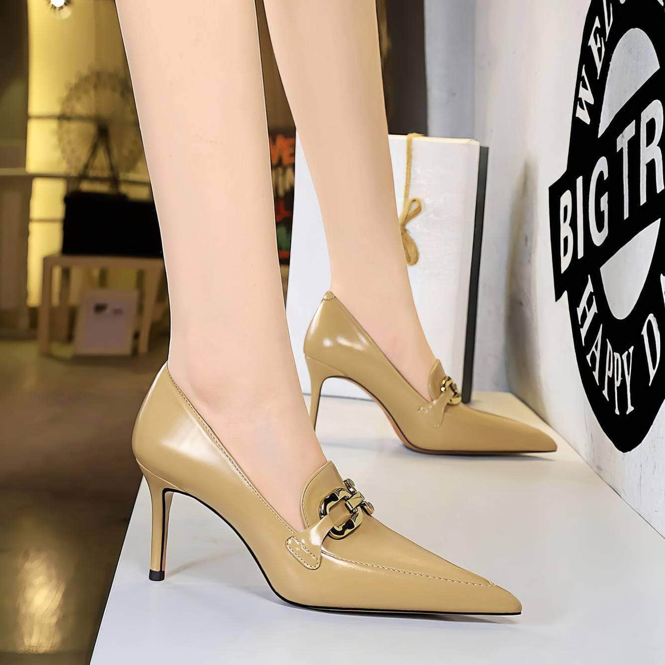 Vintage Metal Buckle Pointy Toe Heels