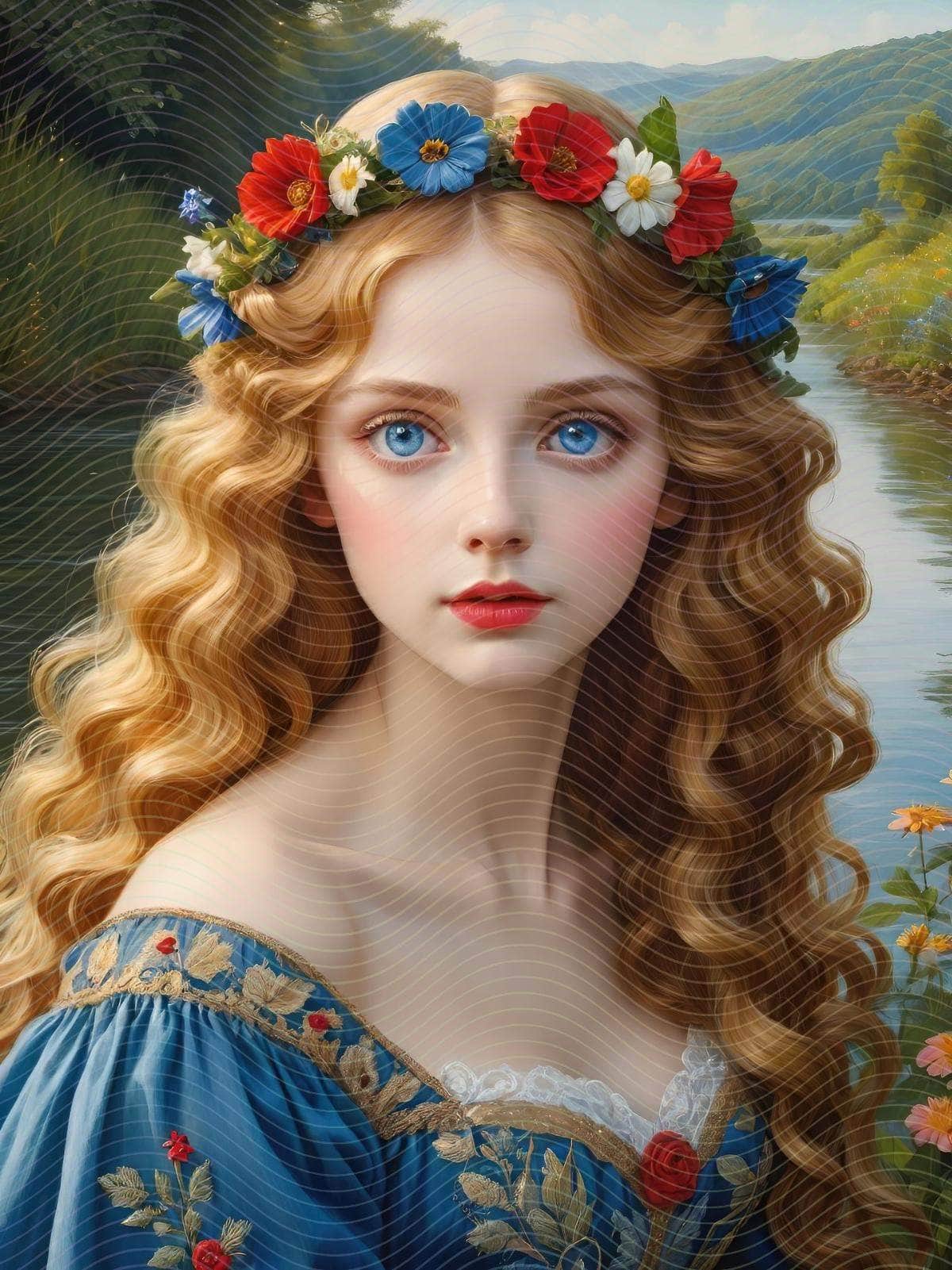 Vintage Painting of A Woman in Flowers in Her Hair