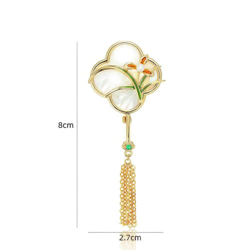 Vintage White Floral Gold Tassel Brooch Gold