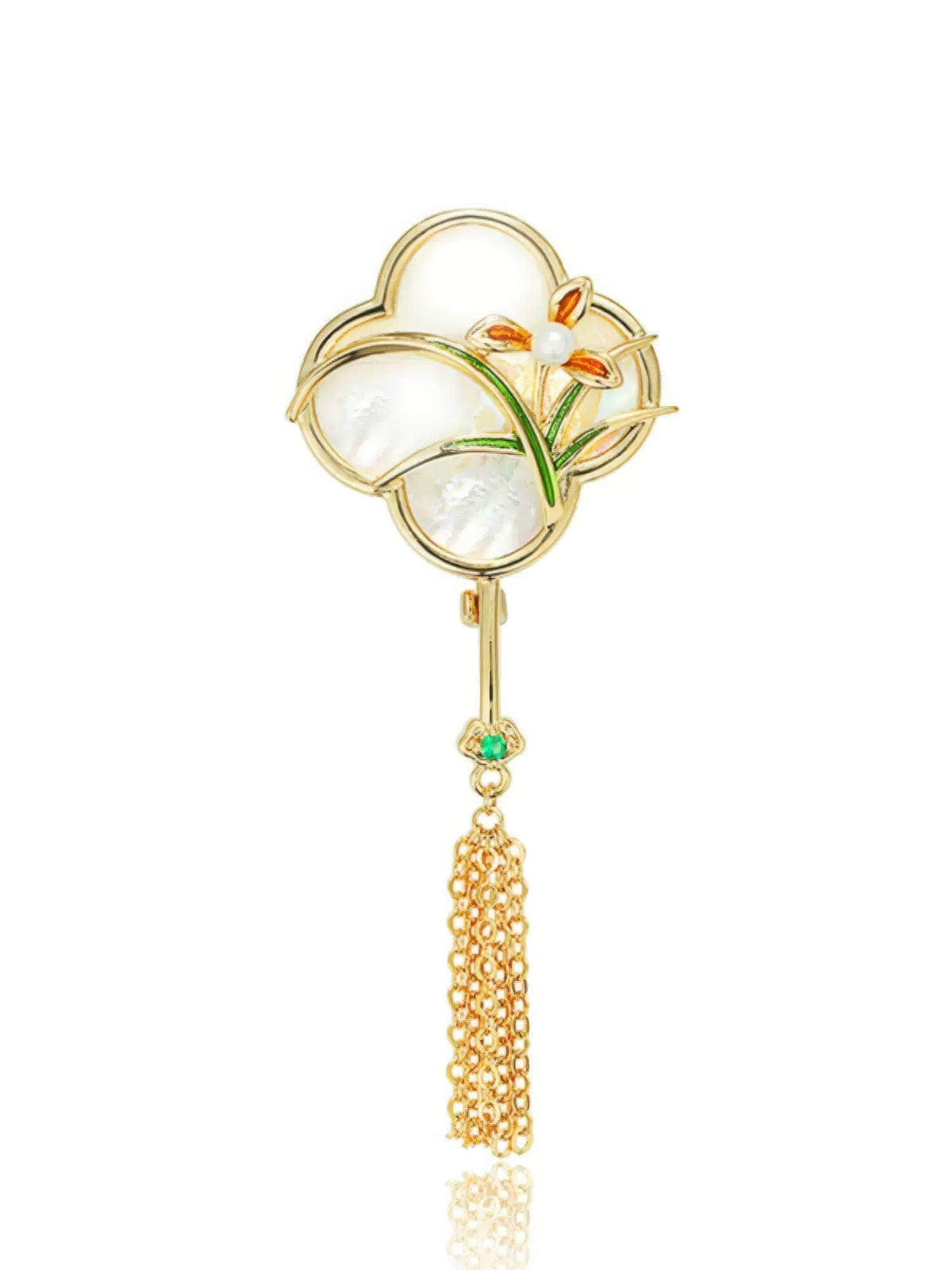 Vintage White Floral Gold Tassel Brooch Gold