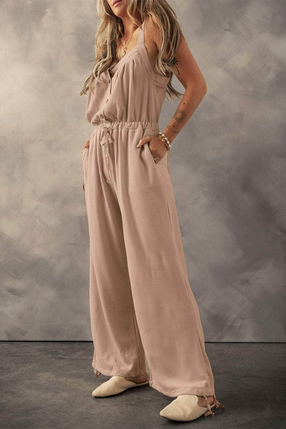 Waffle-Knit Drawstring Wide Strap Jumpsuit Tan / S