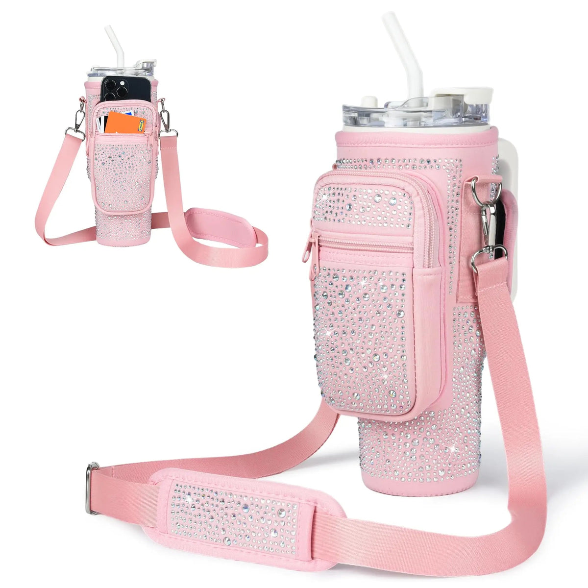 Water Bottle Holder Pouch with Bling Diamond Design for Stanley 40 oz Pink