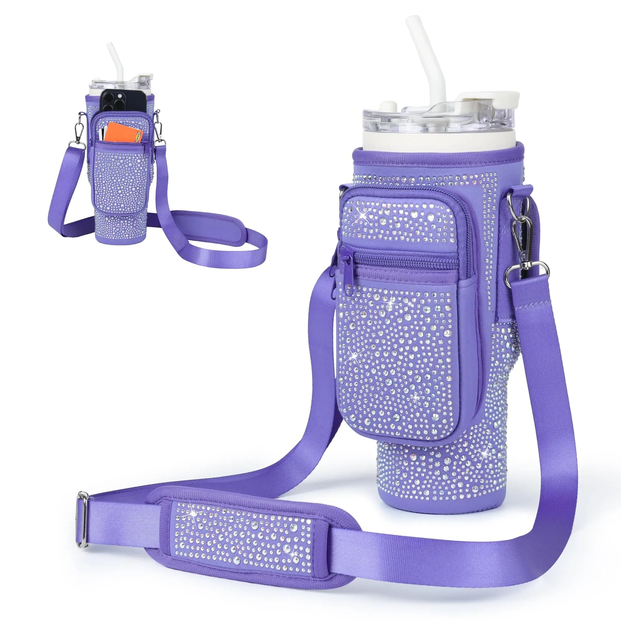 Water Bottle Holder Pouch with Bling Diamond Design for Stanley 40 oz VIOLET