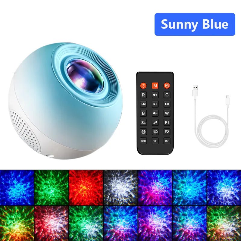Water Ripples Galaxy Light Projector: Starry Sky Night Light with Bluetooth Speakers, LED Lamp Sunny Blue