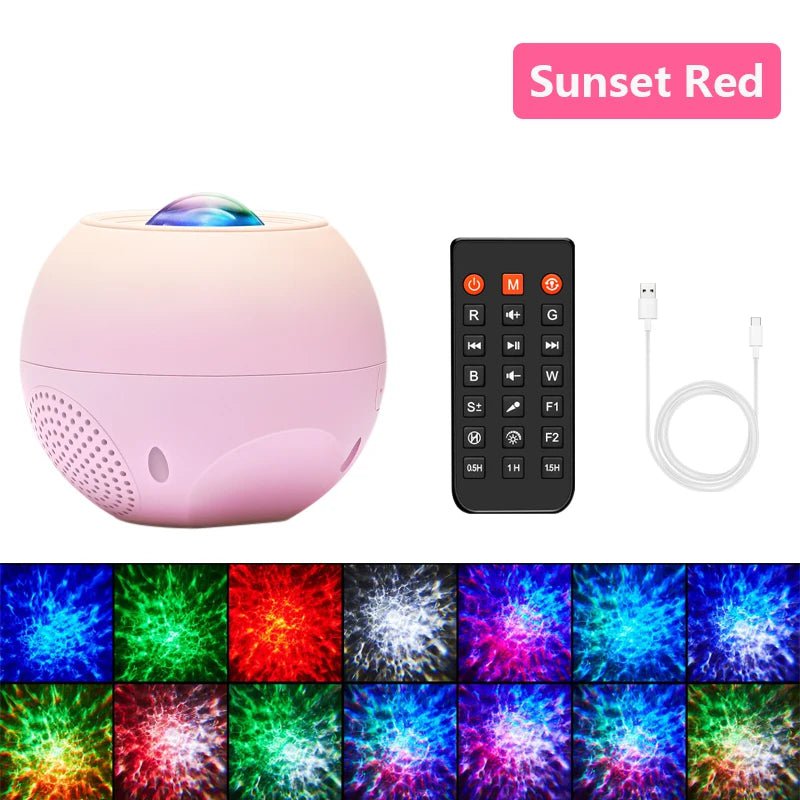 Water Ripples Galaxy Light Projector: Starry Sky Night Light with Bluetooth Speakers, LED Lamp Sunset Red