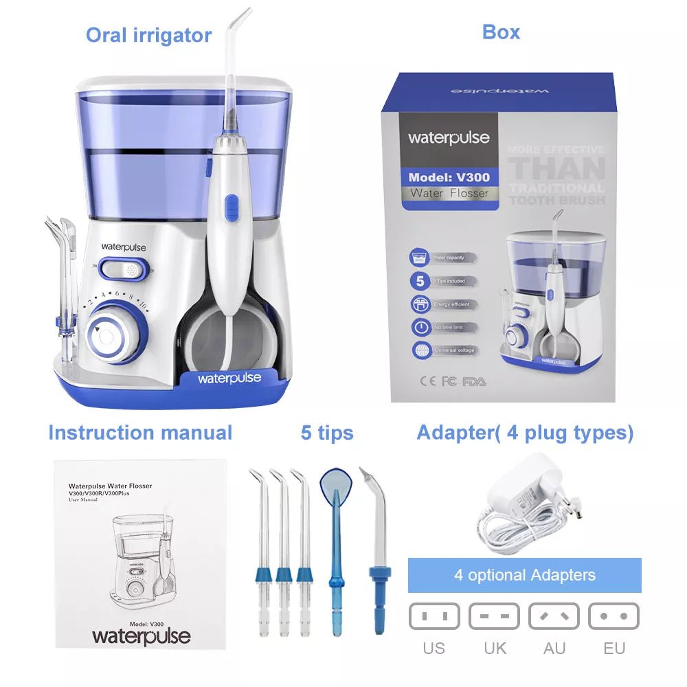 Waterpulse V300G Oral Irrigator - Electric Dental Water Flosser with 5 Tips, 800ml Capacity for Oral Hygiene and Care Blue / us