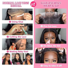 Wear And Go 6x4 HD Body Wave Lace Front Wig - Glueless Transparent Lace Closure Wigs, Human Hair, Pre-Cut, Pre-Plucked, Remy Hair