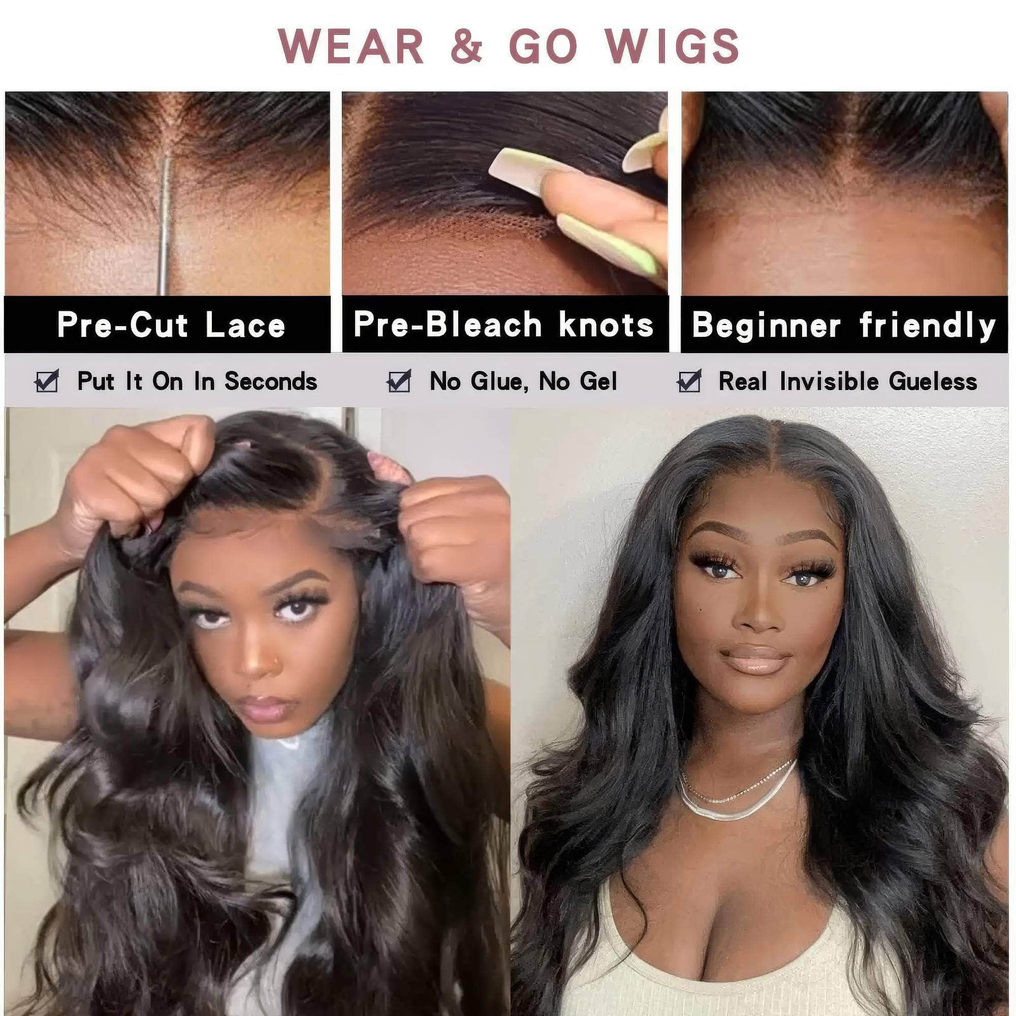 Wear And Go 6x4 HD Body Wave Lace Front Wig - Glueless Transparent Lace Closure Wigs, Human Hair, Pre-Cut, Pre-Plucked, Remy Hair