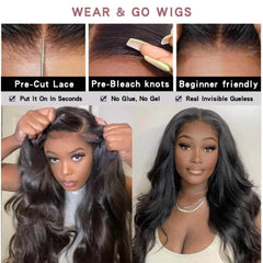 Wear And Go 6x4 HD Body Wave Lace Front Wig - Glueless Transparent Lace Closure Wigs, Human Hair, Pre-Cut, Pre-Plucked, Remy Hair