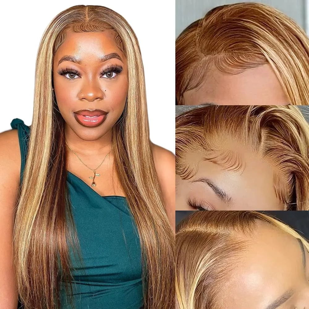 Wear And Go Highlight Lace Frontal Wigs - 4/27 Colored Wig, 6x4 HD Straight Glueless, Pre-Plucked Human Wigs Ready To Go