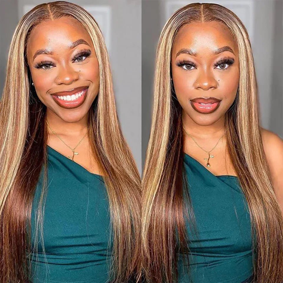 Wear And Go Highlight Lace Frontal Wigs - 4/27 Colored Wig, 6x4 HD Straight Glueless, Pre-Plucked Human Wigs Ready To Go