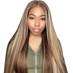 Wear And Go Highlight Lace Frontal Wigs - 4/27 Colored Wig, 6x4 HD Straight Glueless, Pre-Plucked Human Wigs Ready To Go 6X4 Wear Go Wig / 18inches