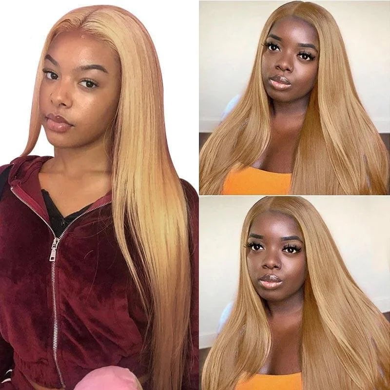 Wear And Go Honey Blonde Wig - Glueless HD Straight Lace Front Wigs, Human Hair, #27 Color, Pre-Cut, Pre-Plucked Closure Wig