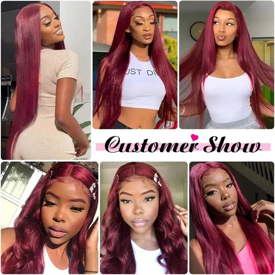 Wear Go Straight 99J Burgundy Lace Front Human Hair Wig - 6x4 Glueless HD Lace Closure Wigs, Colored, Pre-Cut, Pre-Plucked