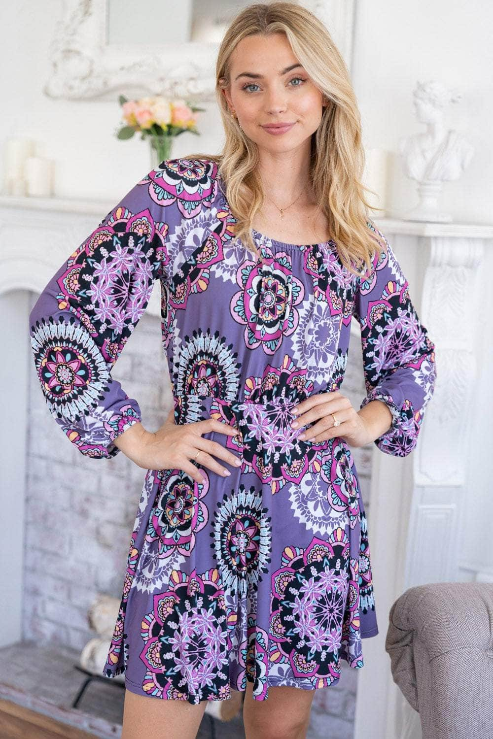 White Birch Printed Long Sleeve Mini Dress with Short Liner Purple / S