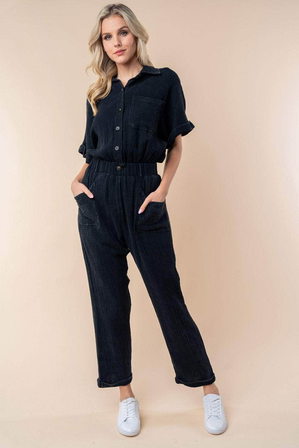 White Birch Texture Short Sleeve Jumpsuit Black / S