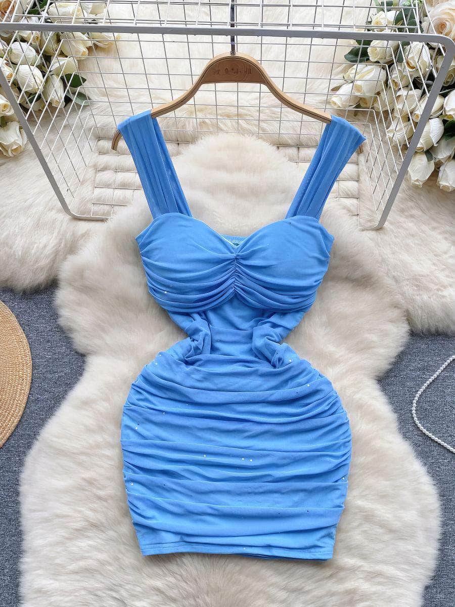 Wide Cami Straps Ruched Bodycon Bustier Mini Dress M / DodgerBlue