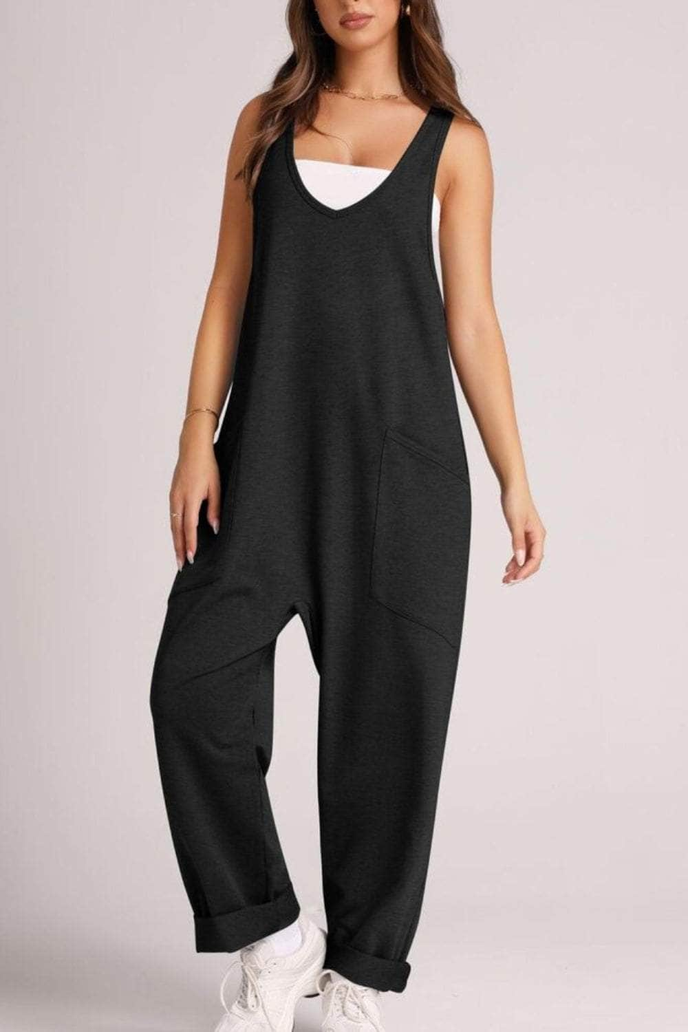 Wide Strap Jumpsuit with Pockets Black / S