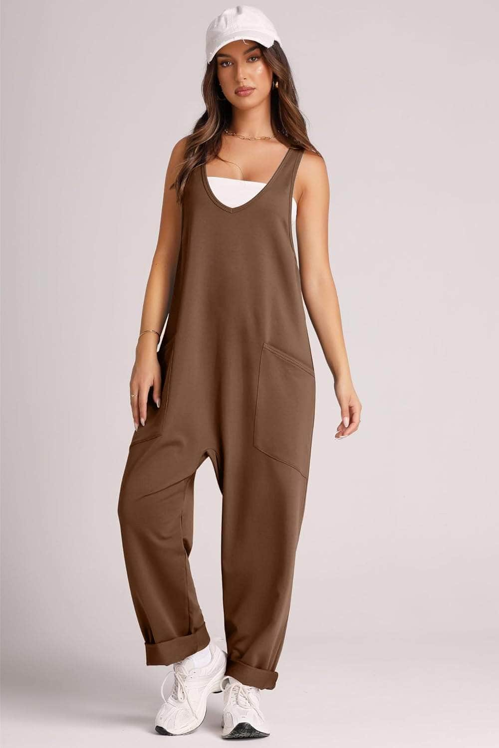 Wide Strap Jumpsuit with Pockets Chocolate / S