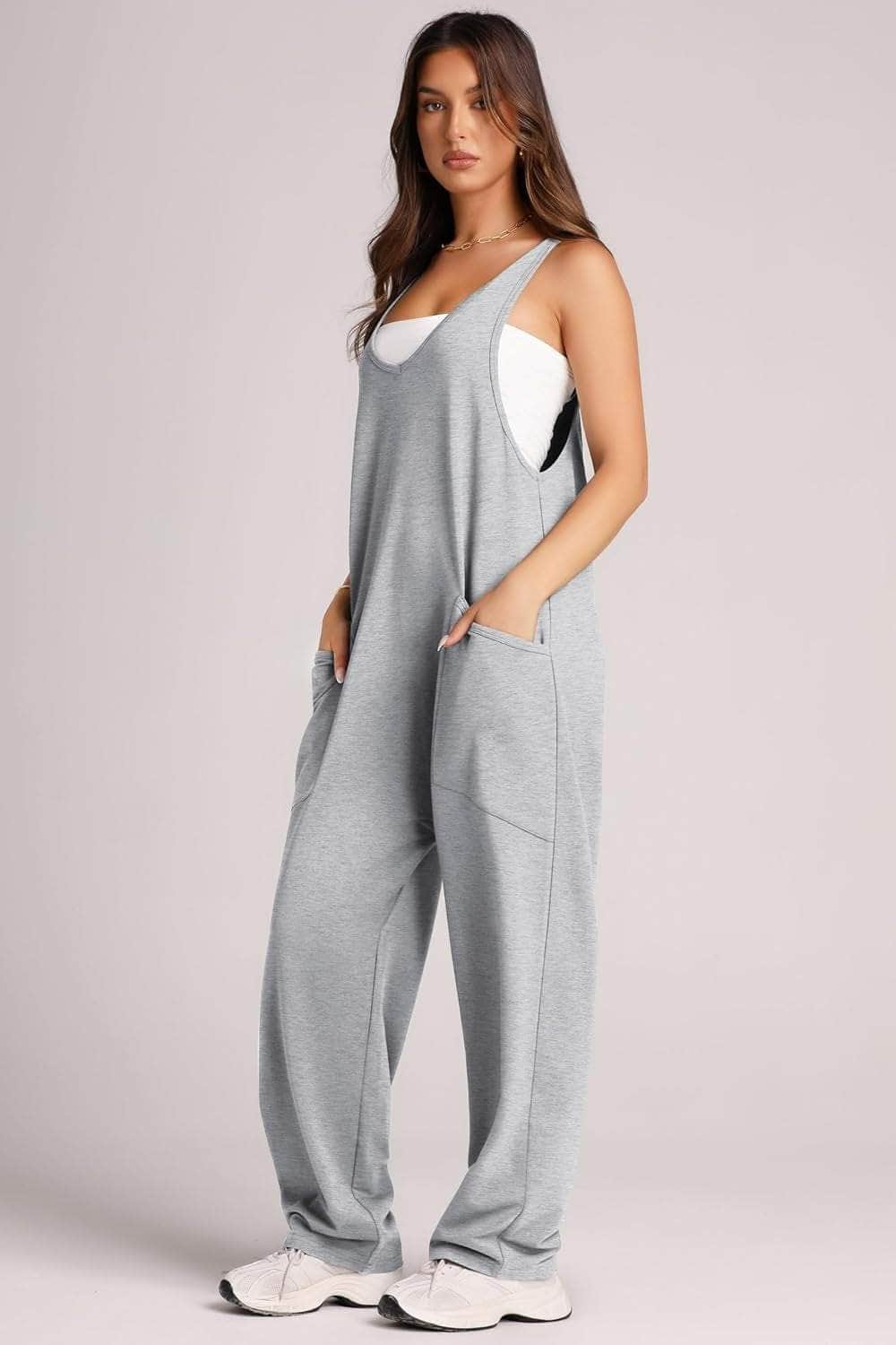 Wide Strap Jumpsuit with Pockets Gray / S