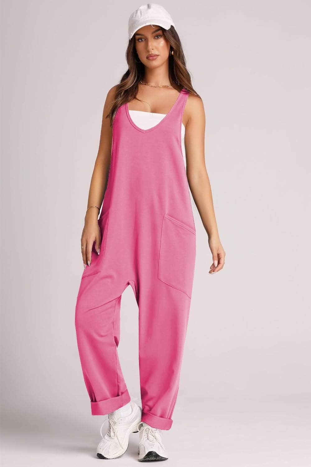 Wide Strap Jumpsuit with Pockets Hot Pink / S