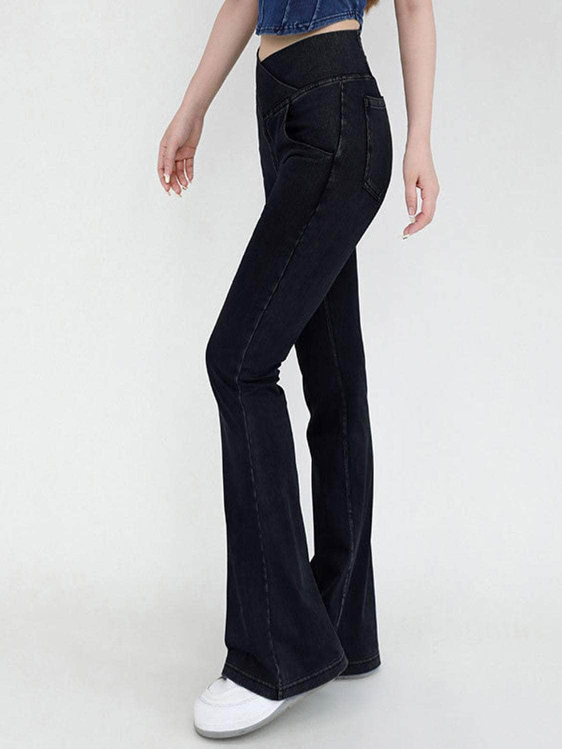 Wide Waistband Bootcut Jeans with Pockets Black / S