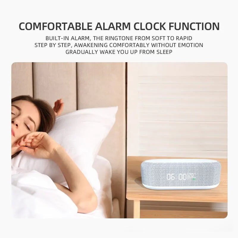 Wireless Charger Alarm Clock with LED Light, Thermometer, and 15W Fast Charging Dock Station for iPhone and Samsung White