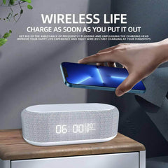 Wireless Charger Alarm Clock with LED Light, Thermometer, and 15W Fast Charging Dock Station for iPhone and Samsung White