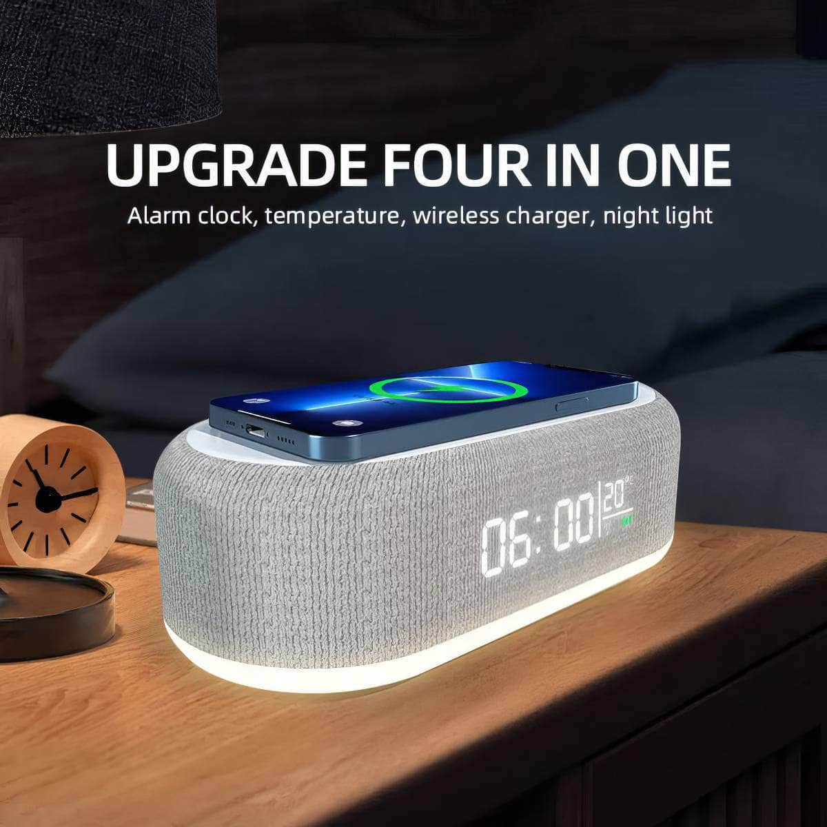 Wireless Charger Alarm Clock with LED Light, Thermometer, and 15W Fast Charging Dock Station for iPhone and Samsung White