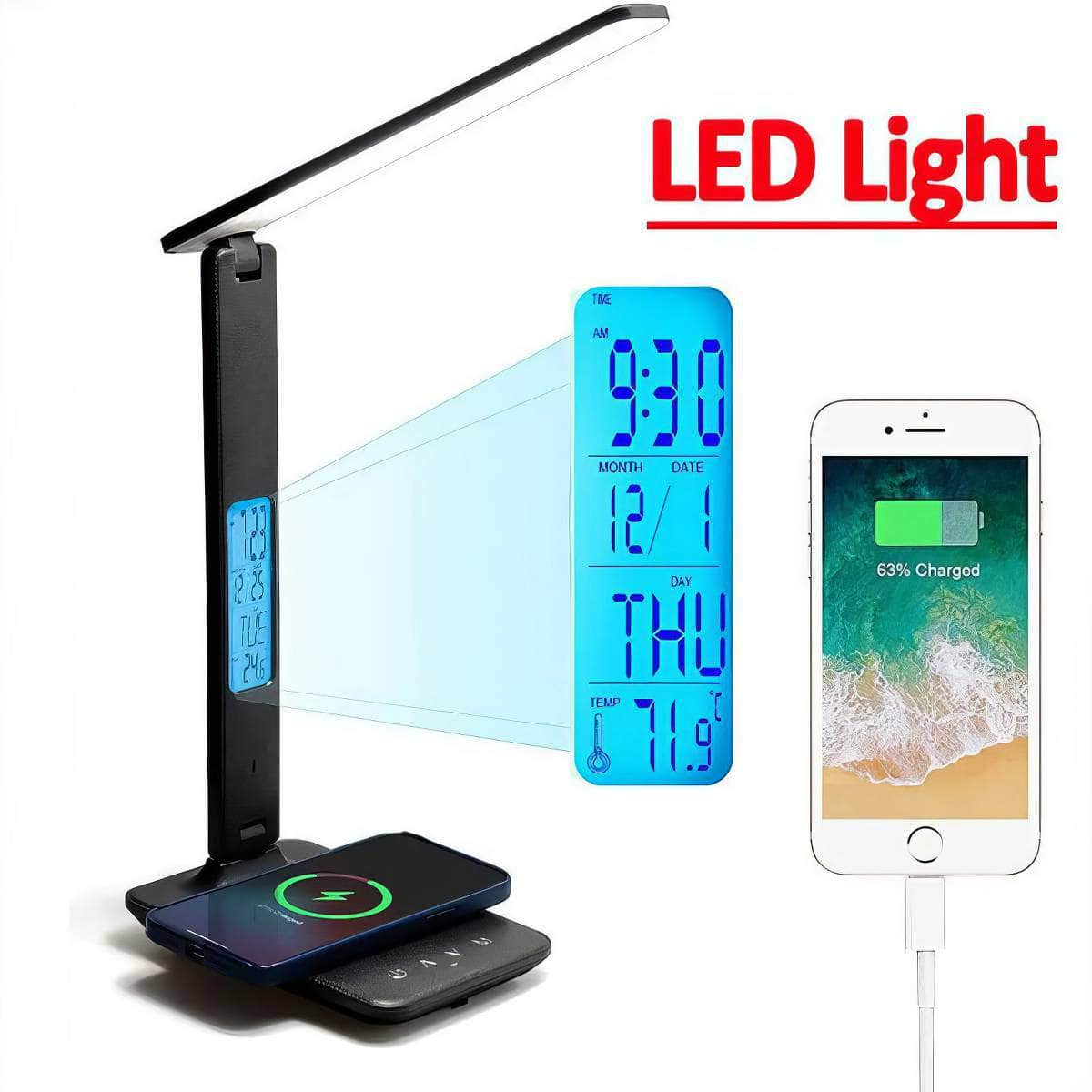 Wireless Charger Pad with LED Desk Lamp, Temperature Alarm Clock, and Eye-Protecting Light - 10W Fast Charging Station