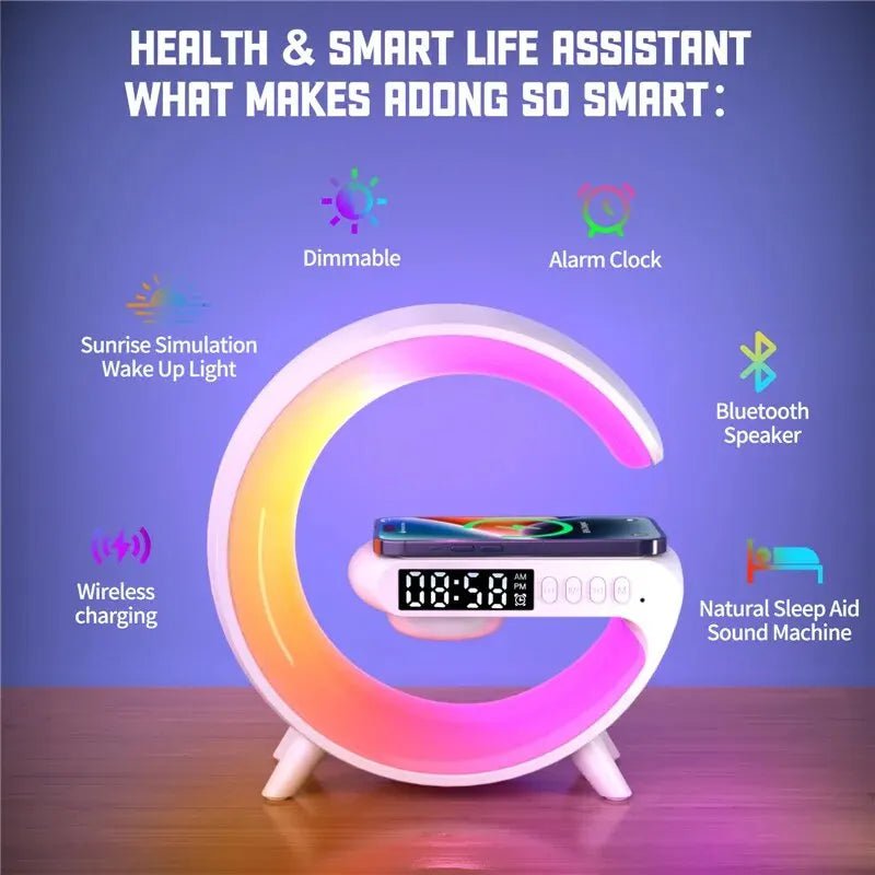 Wireless Charger Speaker Stand with RGB Night Light & Alarm Clock