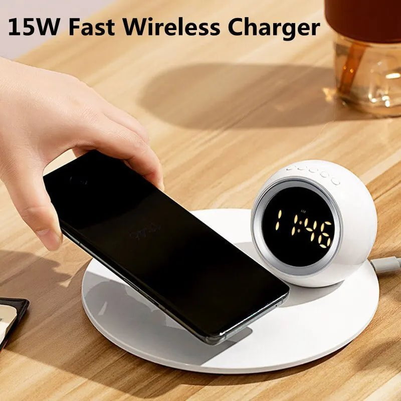 Wireless Charger Stand with Alarm Clock, LED Desk Lamp, Night Light - 15W Fast Charging Dock for iPhone, Samsung, Xiaomi White