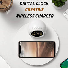 Wireless Charger Stand with Alarm Clock, LED Desk Lamp, Night Light - 15W Fast Charging Dock for iPhone, Samsung, Xiaomi White