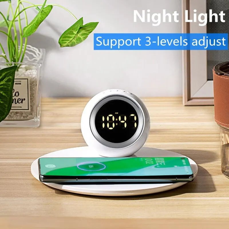 Wireless Charger Stand with Alarm Clock, LED Desk Lamp, Night Light - 15W Fast Charging Dock for iPhone, Samsung, Xiaomi White