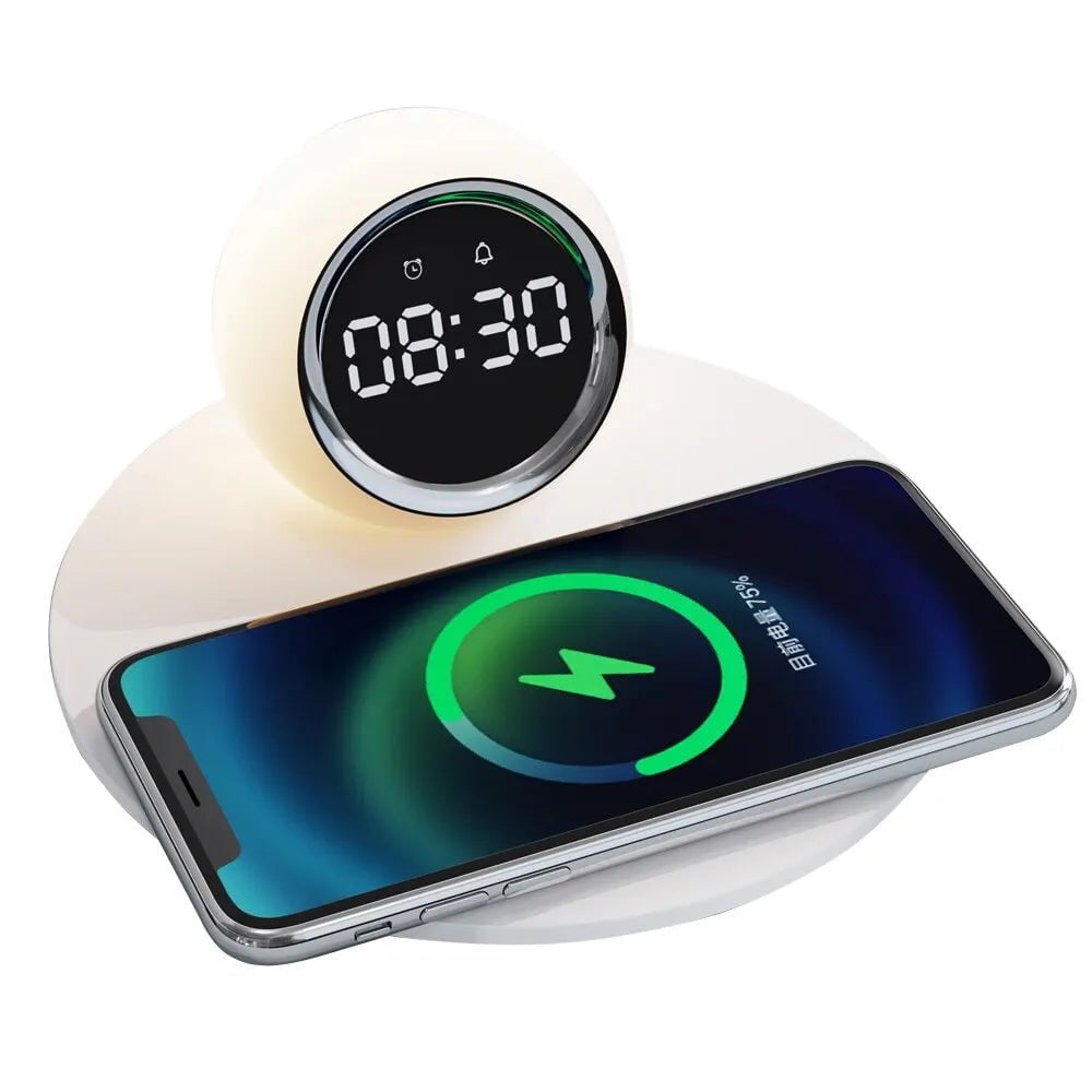 Wireless Charger Stand with Alarm Clock, LED Desk Lamp, Night Light - 15W Fast Charging Dock for iPhone, Samsung, Xiaomi White