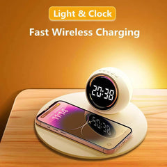 Wireless Charger Stand with Alarm Clock, LED Desk Lamp, Night Light - 15W Fast Charging Dock for iPhone, Samsung, Xiaomi White