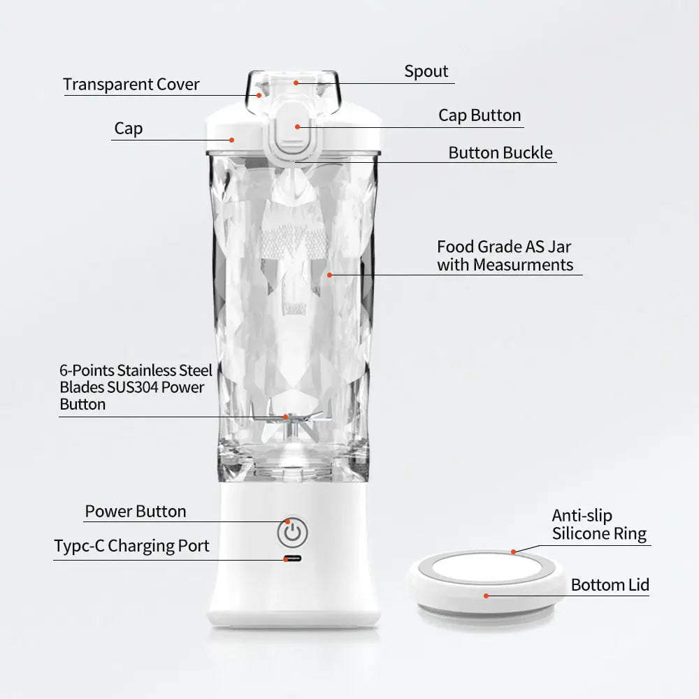 Wireless USB Rechargeable Portable Juicer Blender - IPX7, 600ml Capacity