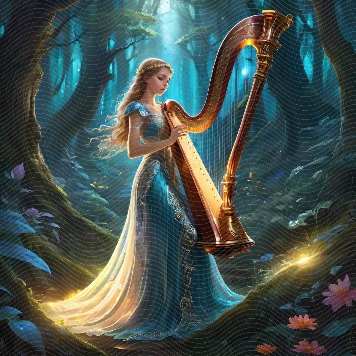 Woman in A Long Dress Holding a Harp