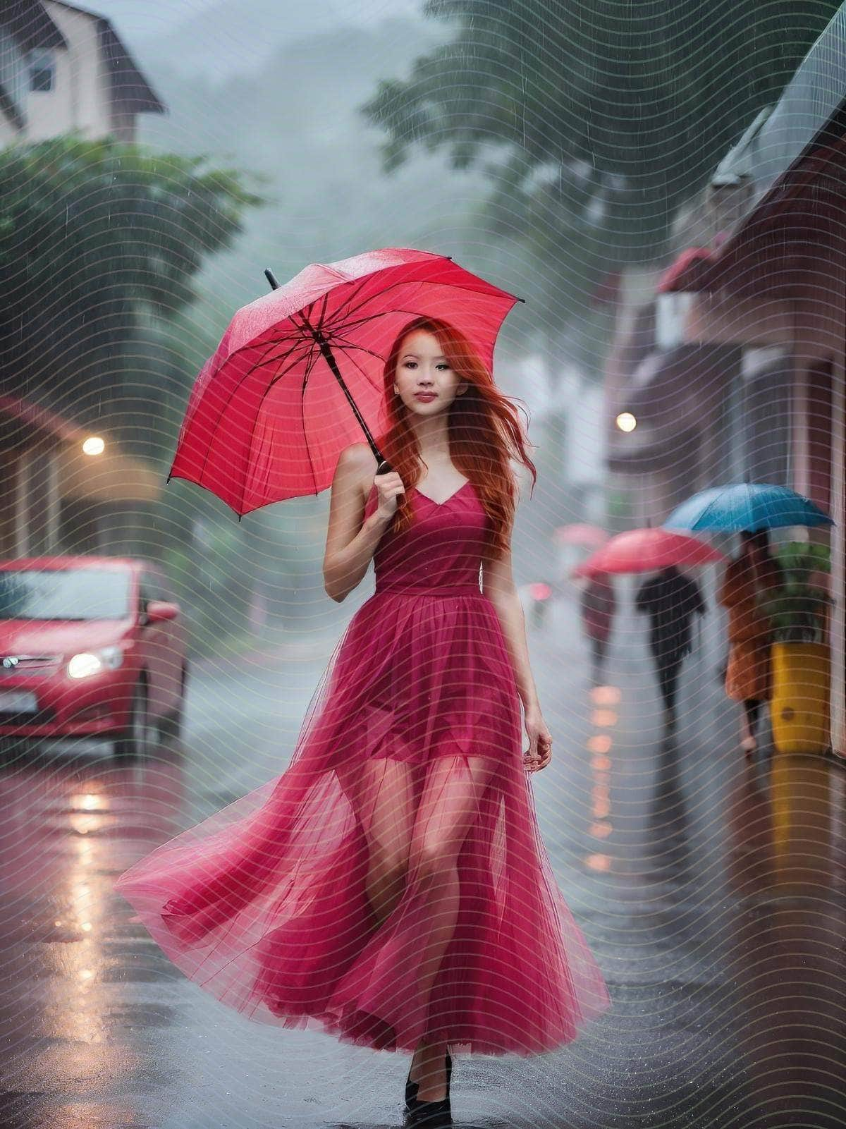 Woman in Pink Tulle Walking Down the Street