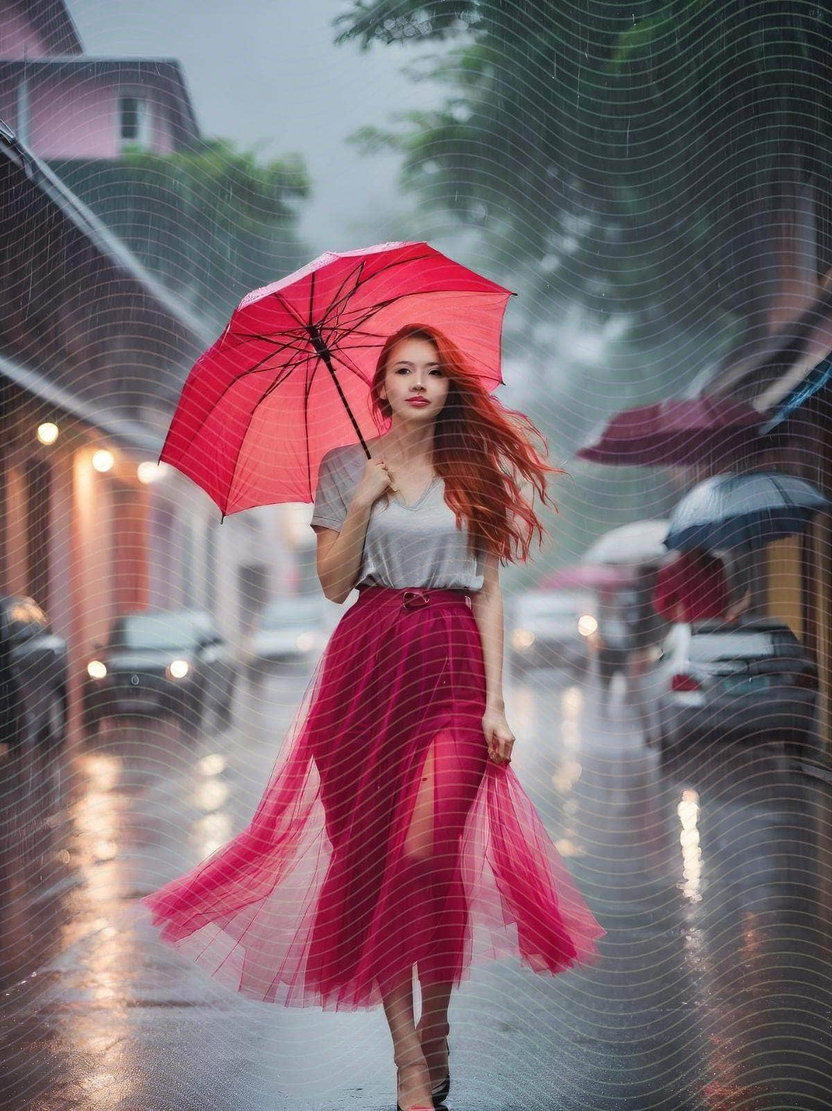 Woman in Pink Tulle Walking Down the Street