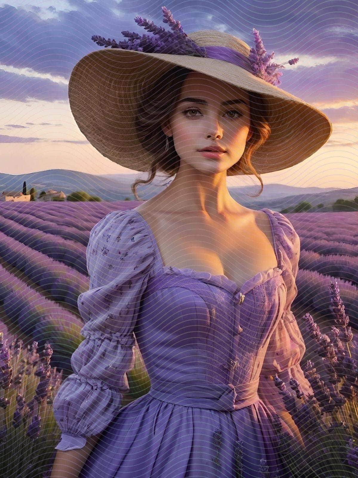 Woman in Purple Dress and Hat in a Lavender Field