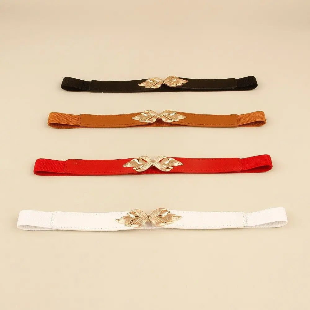 Womens Stretch Elasticated Waist Belt with Gold Flower Buckle