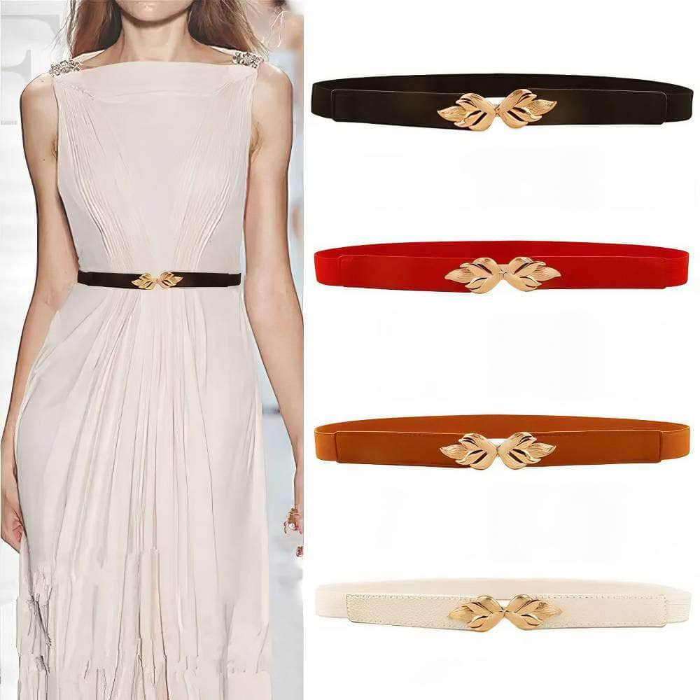 Womens Stretch Elasticated Waist Belt with Gold Flower Buckle