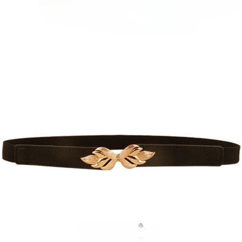 Womens Stretch Elasticated Waist Belt with Gold Flower Buckle black / 70cm