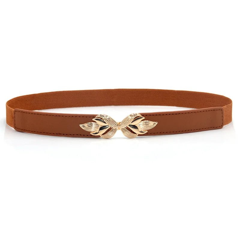 Womens Stretch Elasticated Waist Belt with Gold Flower Buckle Camel / 70cm