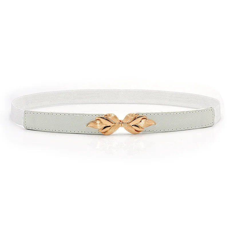 Womens Stretch Elasticated Waist Belt with Gold Flower Buckle WHITE / 70cm