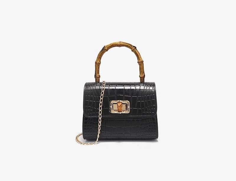 Wooden Handle Crocodile Mini Shoulder Bag Black