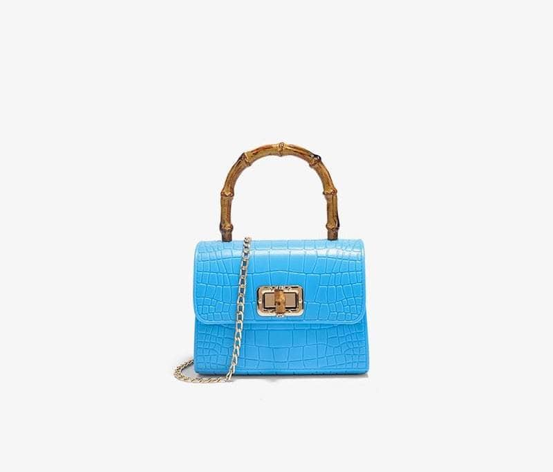 Wooden Handle Crocodile Mini Shoulder Bag Blue